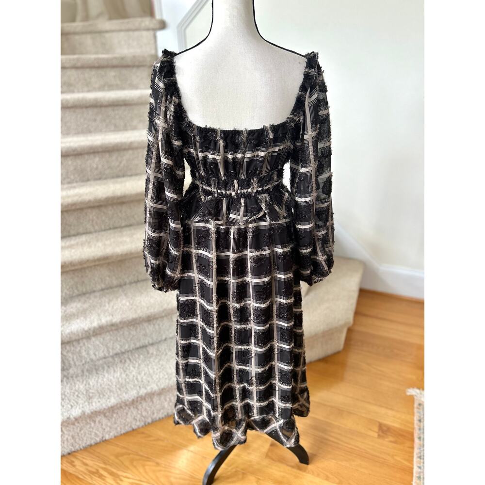 Aureum Black & Tan Plaid Frayed Milk Maid Whimsigoth Blouson Sleeve Midi Dress - Picture 3 of 8